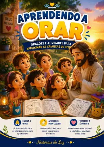Capa do material Aprendendo a Orar — Jesus orando com crianças ao pôr do sol, com livros de atividades para colorir